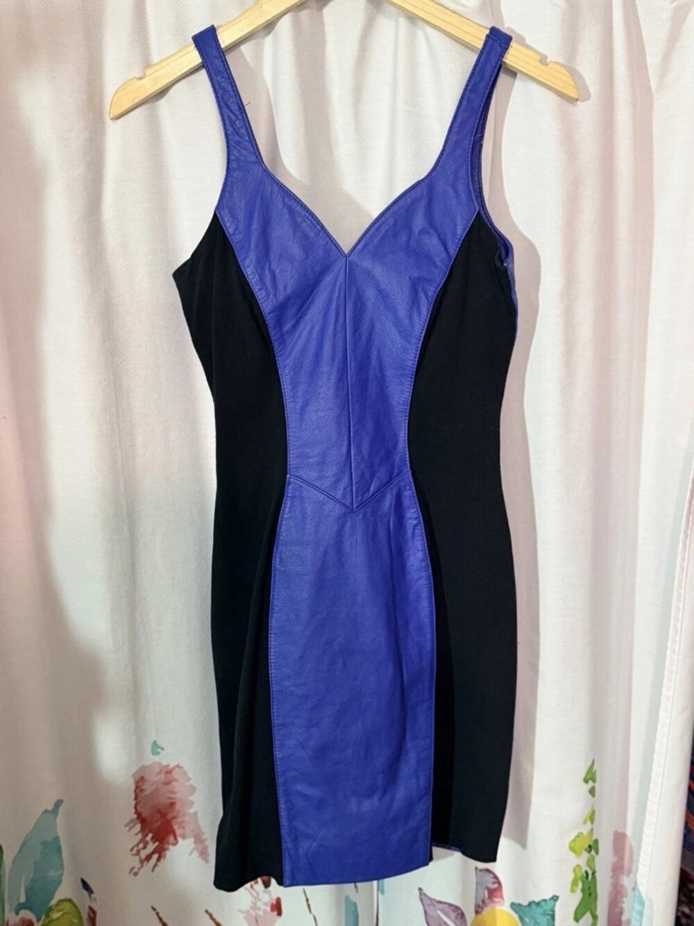 Vtg Wilsons Leather Blue Leather Black Spandex Stretch Mini Bodycon Dress Sz M